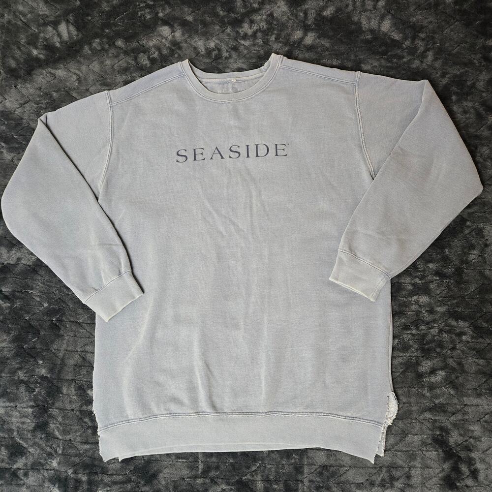 Seaside Crewneck Sweatshirt Faded Light Blue Vintage Graphic Fleece - Size M